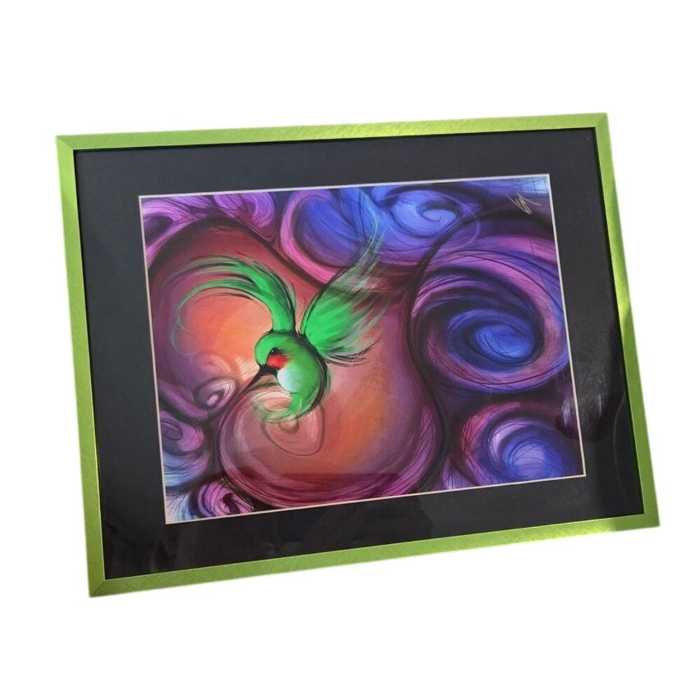 Neon Hummingbird Art Green Metal Frame Green Swirls Purple Fun painting